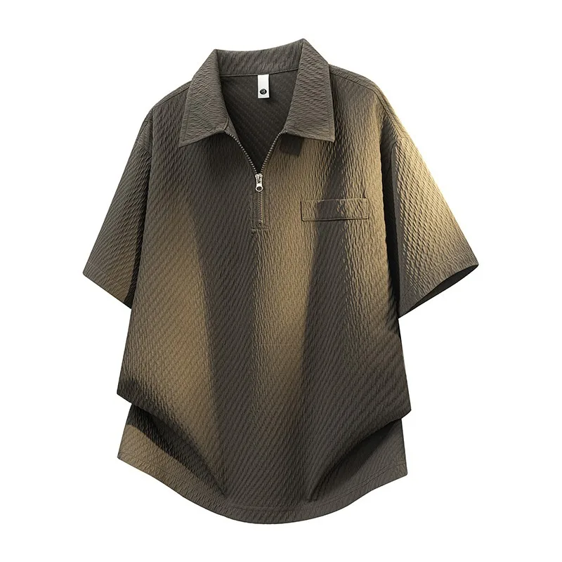 Unisex Bubble Texture Half Zip Polo Shirt Summer Loose Short Sleeve Top
