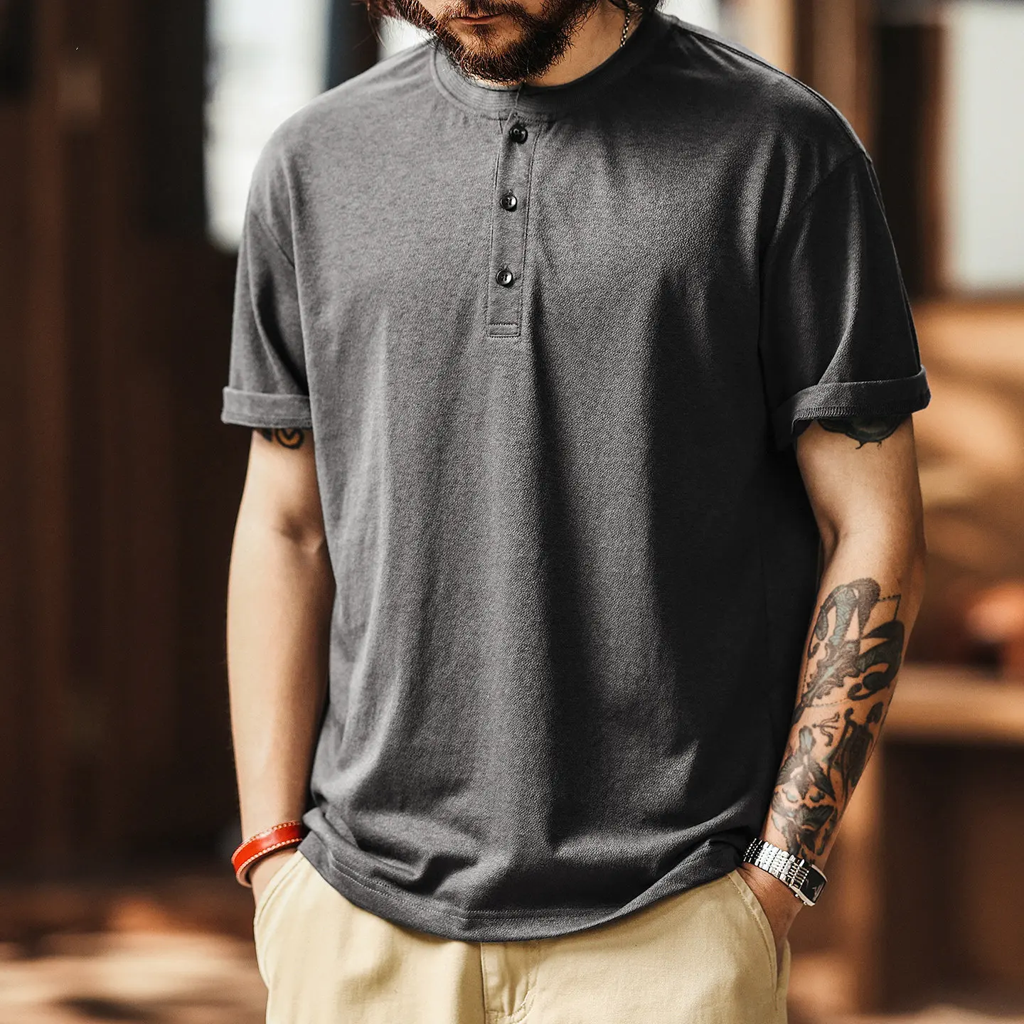 

Casual Men Henley Neck Button Placket Tshirt Solid Dark Gray Loose Fit Short Sleeve Shirts Soft Fabric Summer Basic Daily TEE