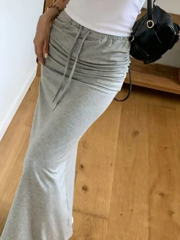 

Chic Dstring Elastic Waist Slimming f-length Skirt Women's Faionable High-waisted Long Skirt Commute Sle Cotton