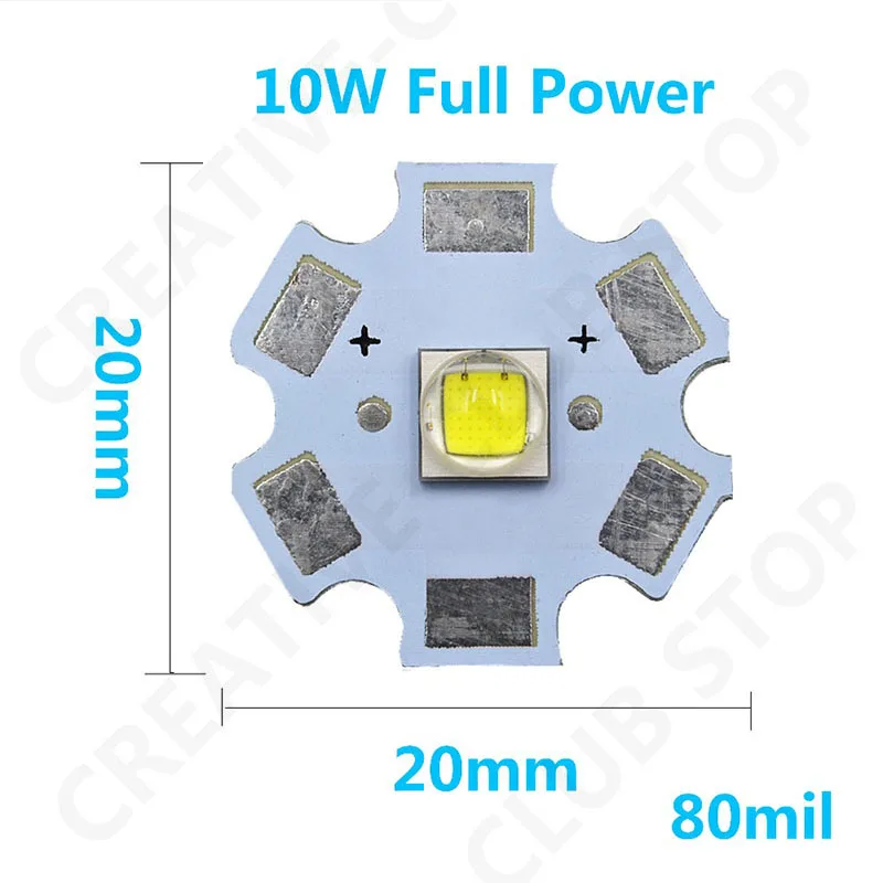 LED懐中電灯ビーズ,高出力,クールホワイト,6500k, 16mm, 20mm, pcb, xm-l2, t6, 10w, 5個