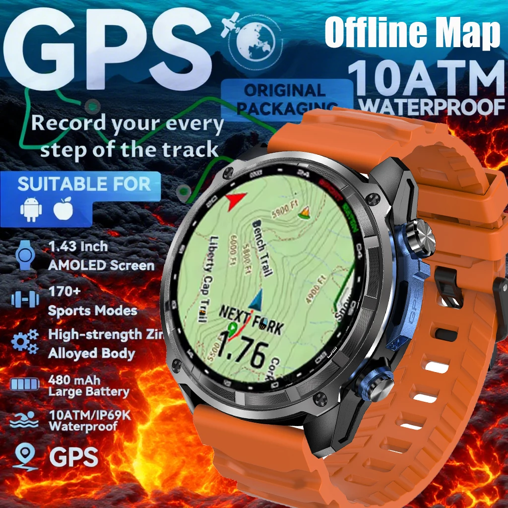 

T-Rex Tactical Smartwatch for Men with Built-in GPS Offline Map 4GB Memory 10ATM IP69K Swimming Waterproof Design 2025 Model