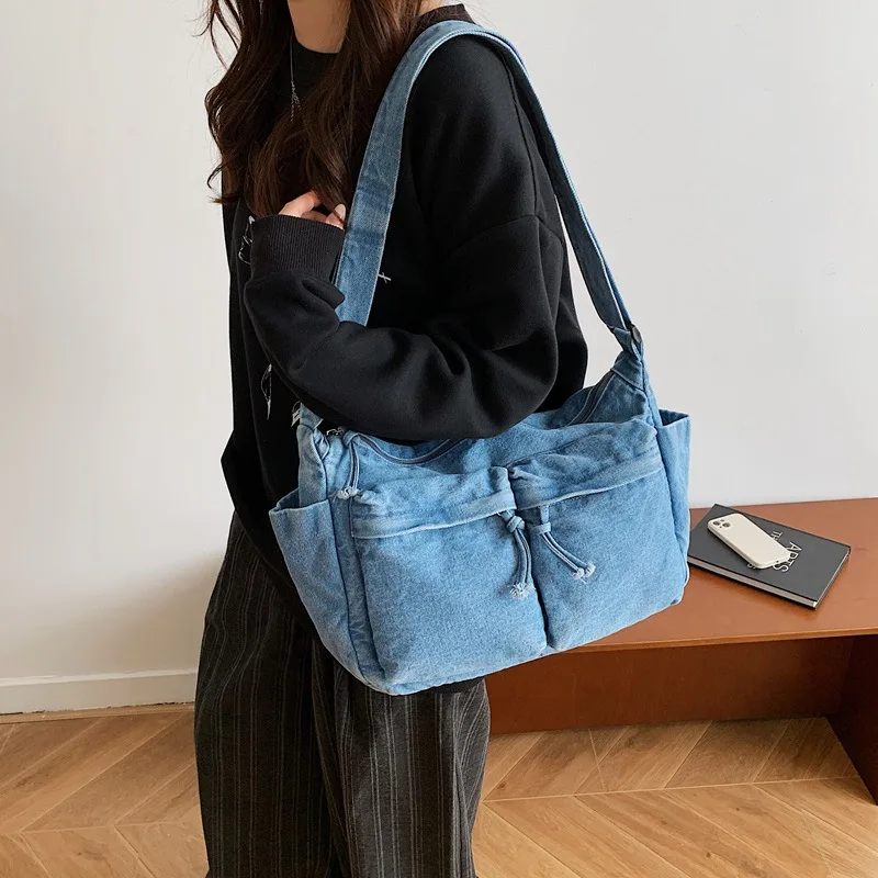 حقائب كروس مريحة ومتعددة الاستخدامات، حقائب كتف عصرية بسيطة ذات سعة كبيرة، متعددة الجيوب، حقيبة مدرب من قماش الدنيم المغسول #2