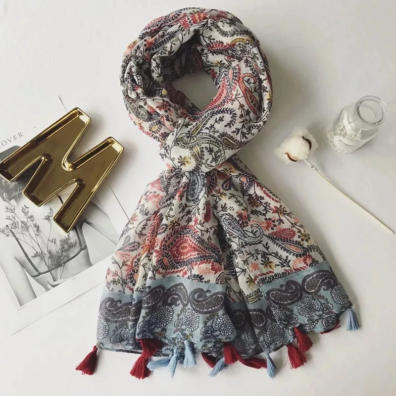 2022 Newest Women Paisley Pattern Tassel Scarf Lace Trim Cotton Scarf