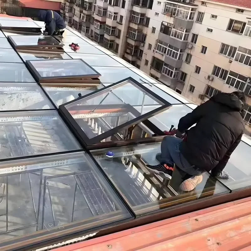 for Manual Vertical Swing Vented Skylight 600X600mm Double Layer Tempered Glass Aluminum Alloy Frame Soundproof for Attics