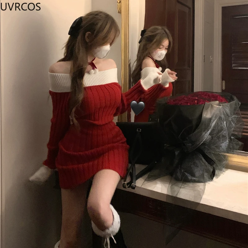 Sexy Red Christmas Dress Women Autumn Winter Korean Style Slash Neck Bodycon Knitted Dresses Female Elegant Y2k Party Mini Dress