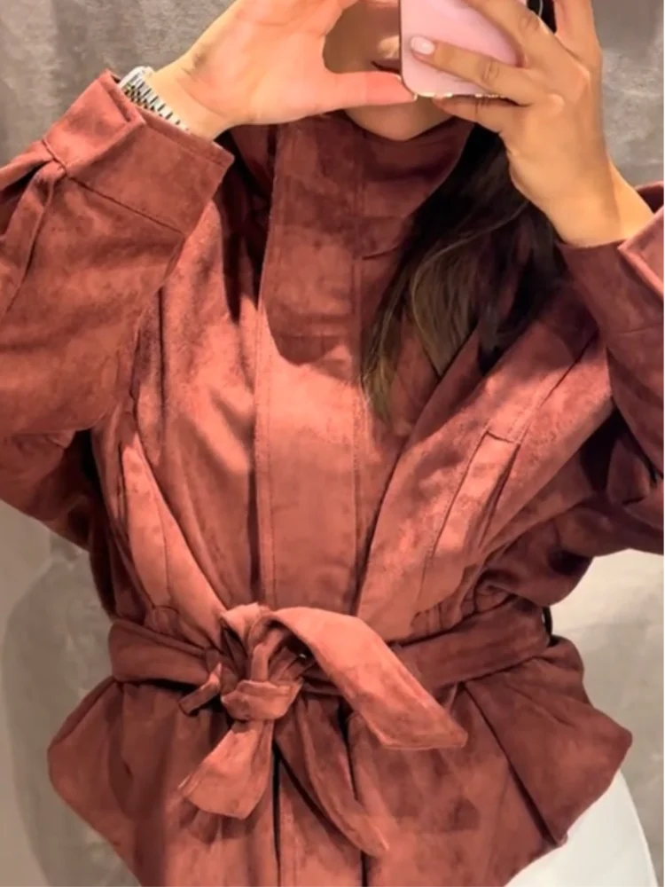 Women's Orangered Suede Stand Collar Belted Jacket Zip Up Long Sleeve Coat 2026 Casual 2026 Autumn Winter Commute Outerwear