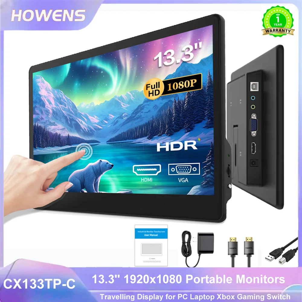 

ноутбук сенсорный экран сенсорная панель для монитора ноутбук сенсорный экран HOWENS 13,3-дюймовая сенсорная панель, портативный ЖК-монитор IPS 1920x1080, сенсорный экран с динамиком, вход HDMI/Type-C для ноутбука