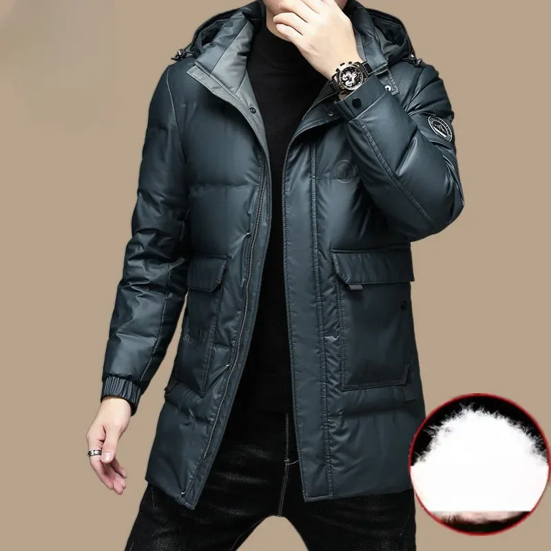 Winter Coat Mid-length Glossy Loose Parkas Thicken Warm New Men Down Jacket Leisure Outwear Hooded Fashion Overcoat