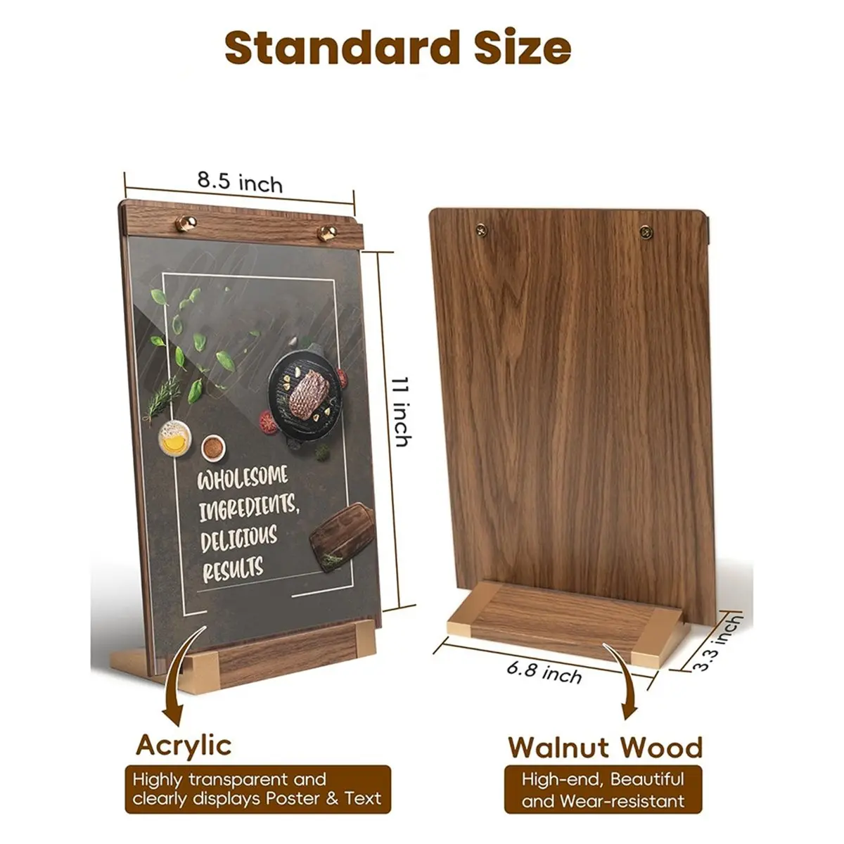 

3 упаковки акриловых держателей для вывесок 8,5 х 11 дюймов с основанием из орехового дерева, настольная прозрачная коммерческая подставка для меню, плаката