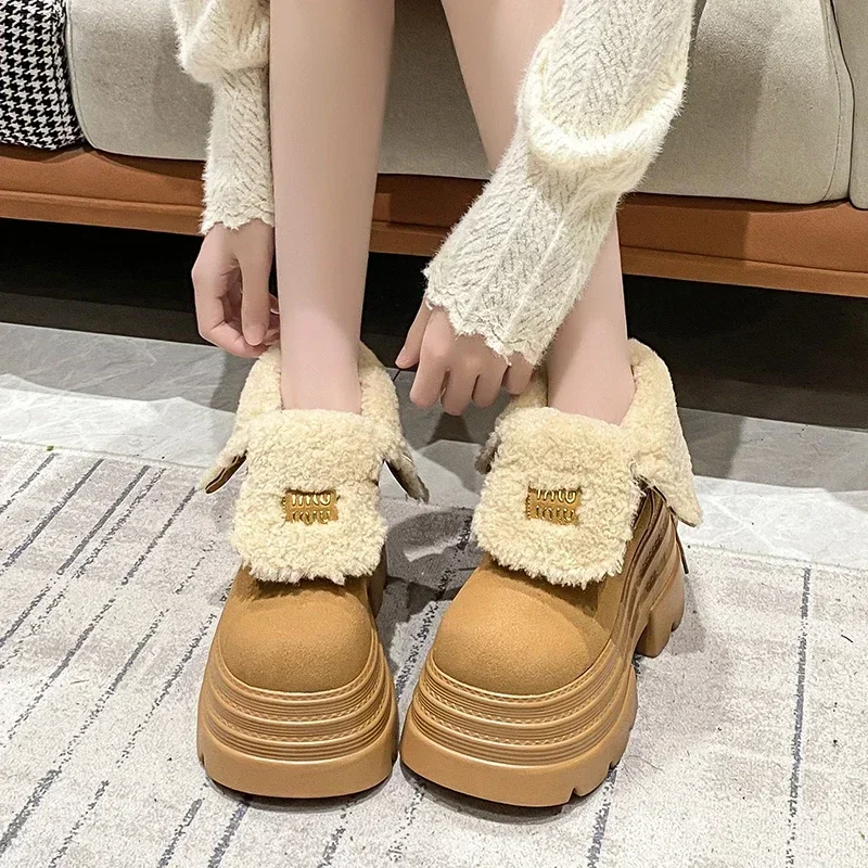 10CM Women Fur Snow Boots Suede High Heels Cotton Shoes Short Plush Casual Platform Ankle Boots Trend Winter Warm Botas De Mujer