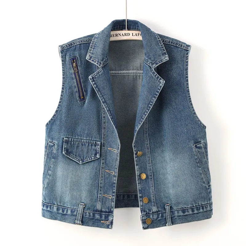 Women's Denim Vest Coat Summer Retro Suit Collar Female Cowboy Waistcoat Korean Version Temperament Ladies Horse Clip