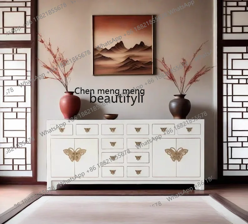 New Chinese-style white dining side cabinet solid wood retro living room decorative cabinet classical antique shoe cabinet