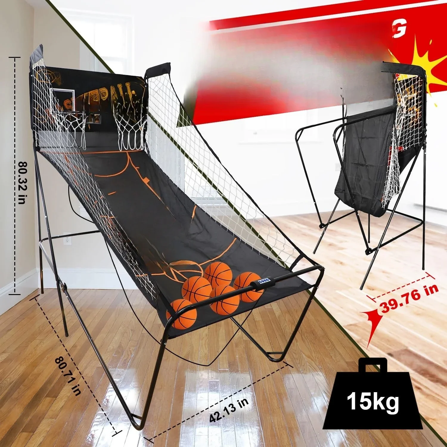 Double basketball machine with automatic electronic scorer, adult children's game folding shooting rack
