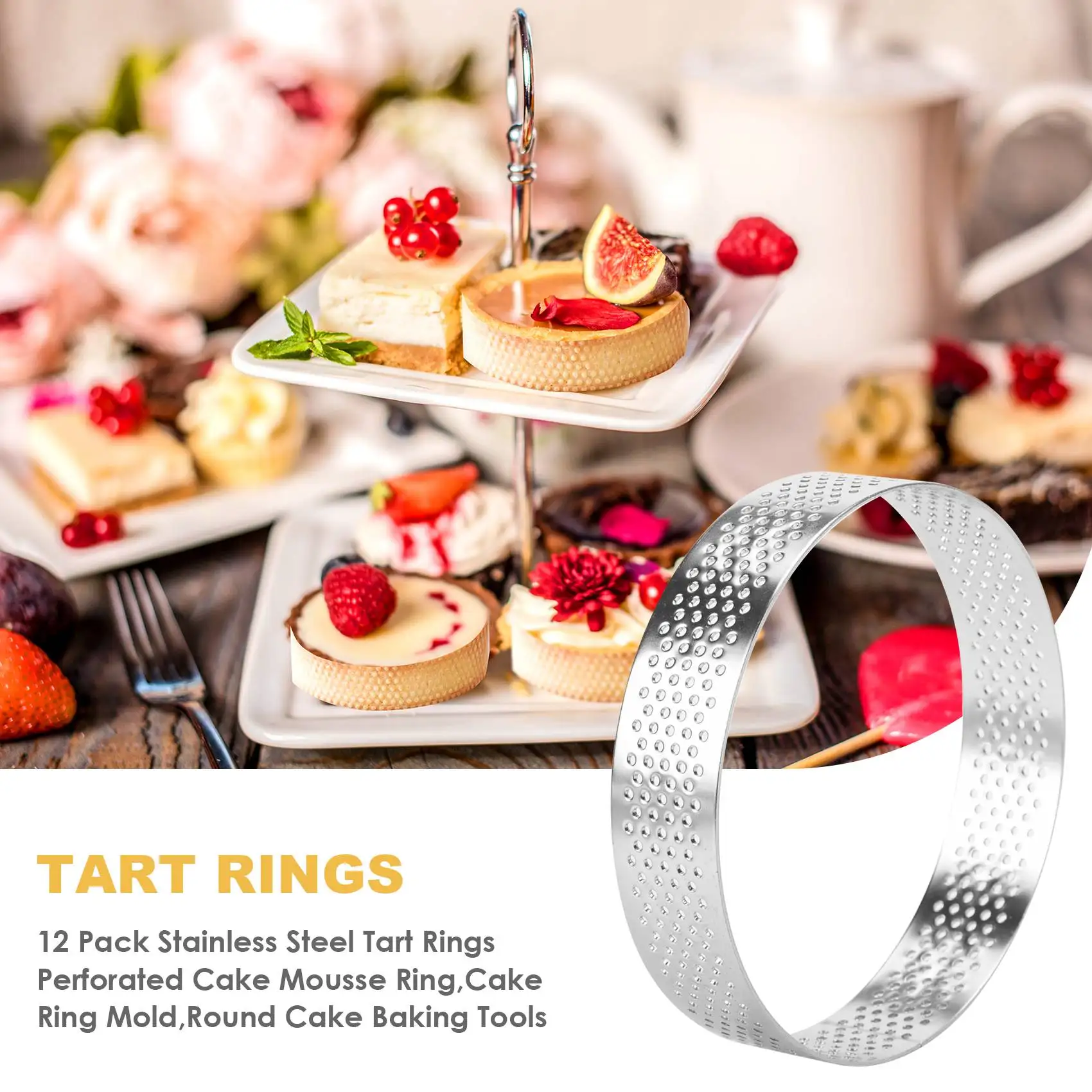 ABLK 12 Pack Stainless Steel Tart Rings,Perforated Cake Mousse Ring,Cake Ring Mold,Round Cake Baking Tools 6cm