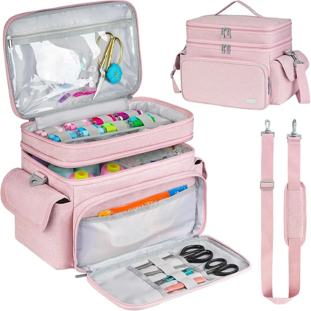 

Large Sewing Supplies Organizer Storage Bag,Double-Layer Protable Travel Sewing Basket for Sew Accessories & Tools,Pink(Bag Only