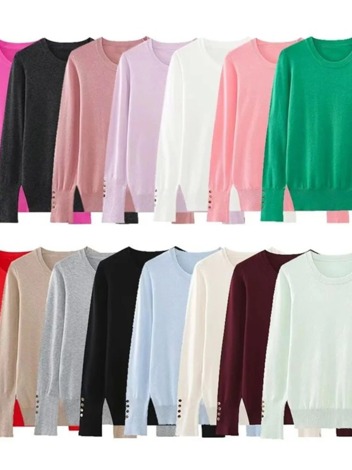 Cseta de Manga Larga con Cuello Redondo y Botones para Mujer, Estilo Urbano, Corte Recto, Color Puro, Poliéster, Absorbe l...