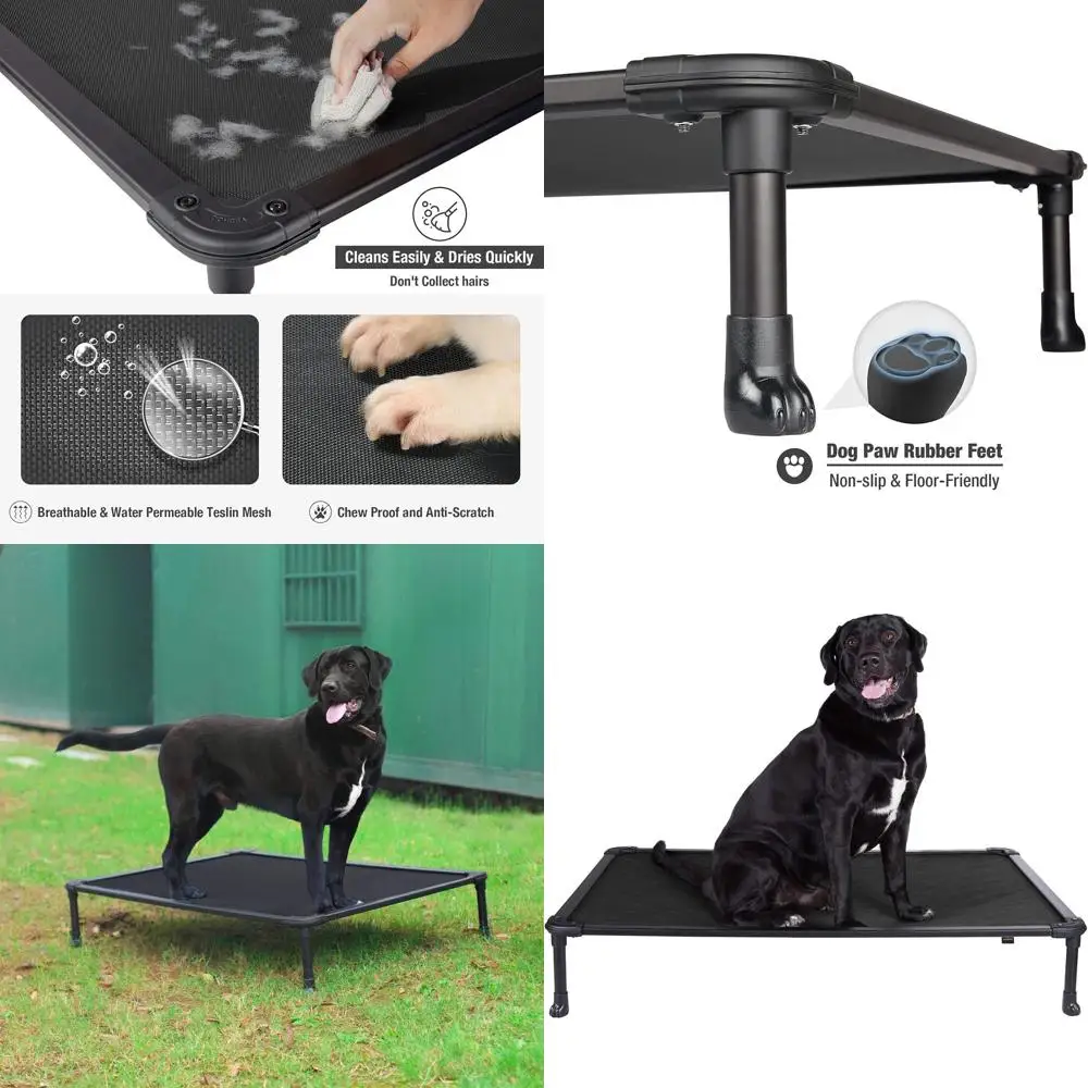 

Durable Aluminum Cooling Cot for Dogs - Elevated Textilene Mesh Bed with Non-Slip Feet, Black, Large