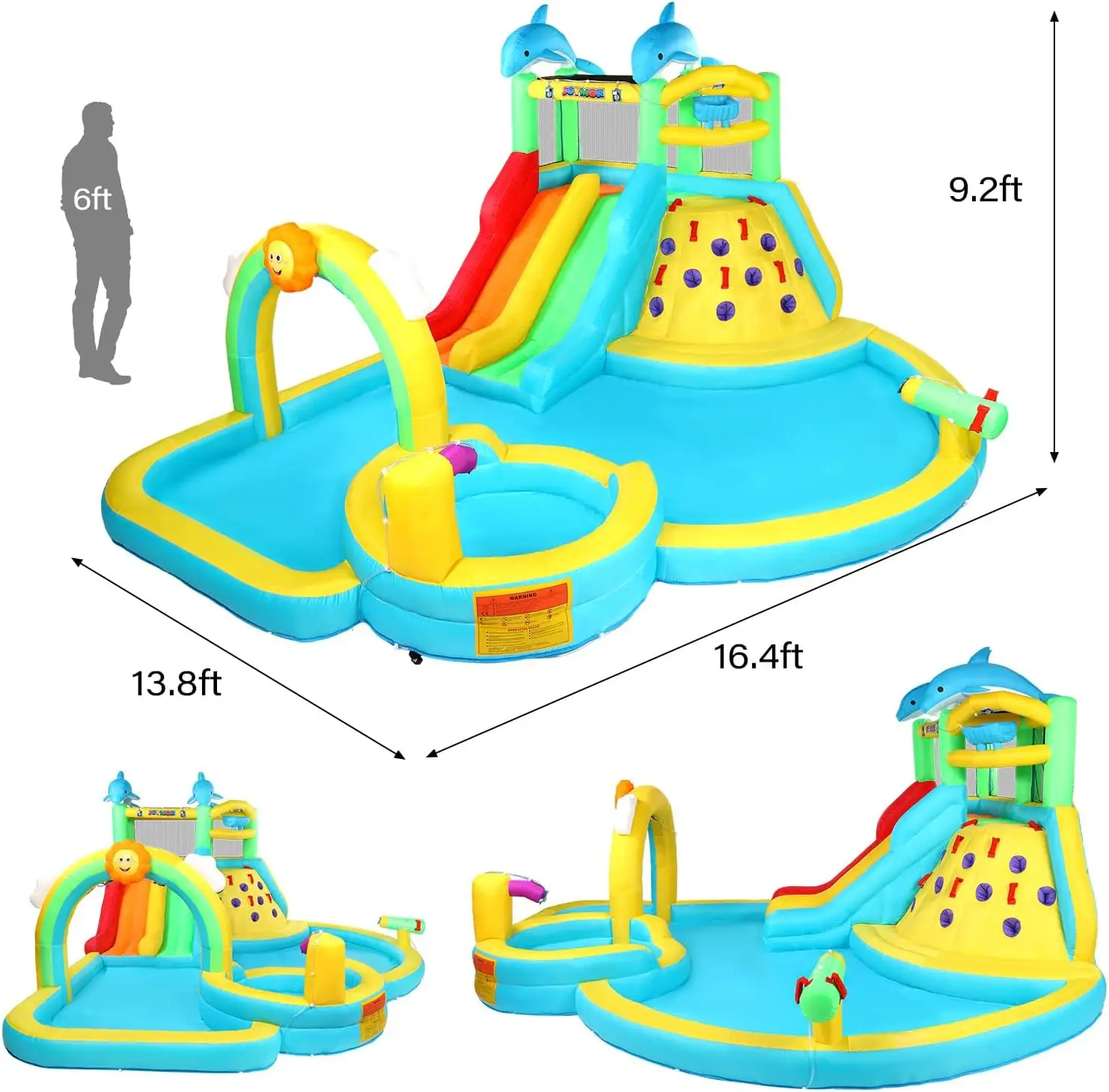 Inflatable Water Slide Bounce House w/Water Bucket, Climbing Wall, Pool, Rainbow Sprinklers, 1min Blow Up Water Slide 10-in-1 fo