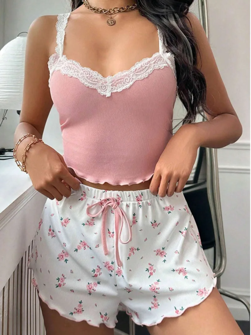 

Домашняя одежда Комплекты шорт с кружевными ремешками Pure Desire Повседневный стиль с открытой спиной и глубоким V-образным вырезом Подтяжки Комплекты шорт без рукавов Очаровательный сладкий XAEF