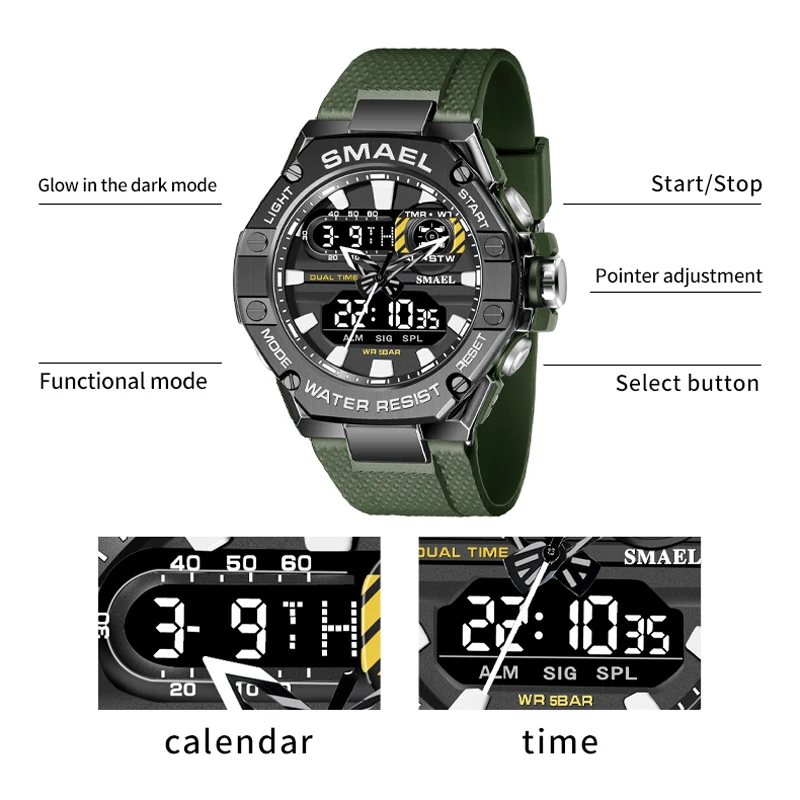 SMAEL ساعة رياضية للرجل المزدوج الوقت ساعة اليد الشباب مصباح ليد إنذار 8066 موضة متعدد الألوان الساعات العسكرية الصبي ساعة توقيت