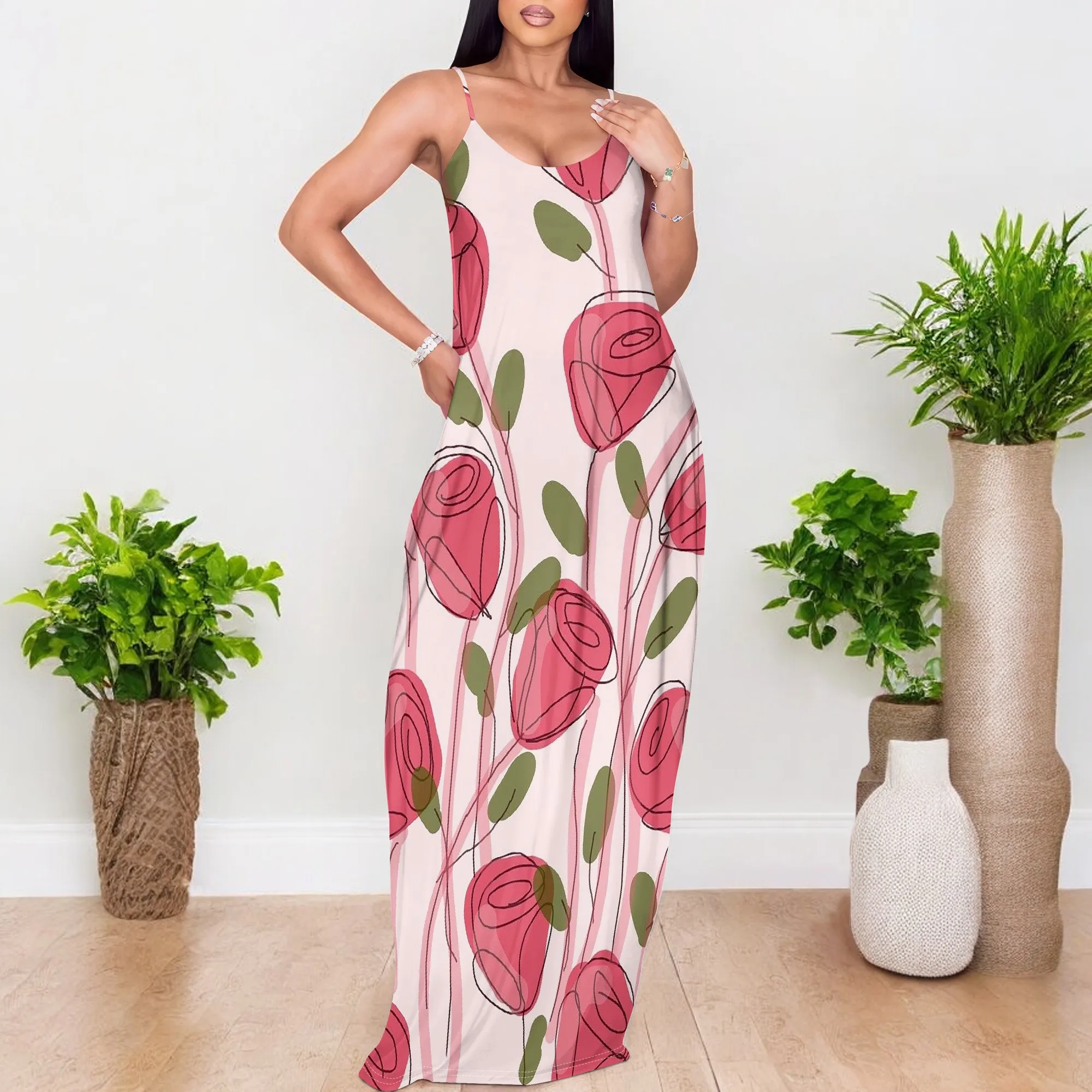 

Rose Print Maxi Dress Women Casual Spaghetti Strap Loose Fit Summer Holiday Dress 2025
