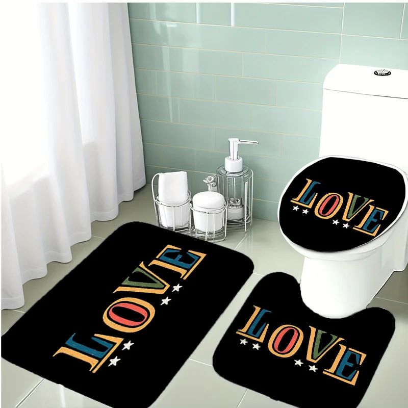 

Красочный набор для ванной комнаты LOVE из 3 предметов – черная основа со звездами, фланелевая крышка для унитаза, коврик для унитаза и напольный коврик, мягкий нескользящий декор для ванной комнаты
