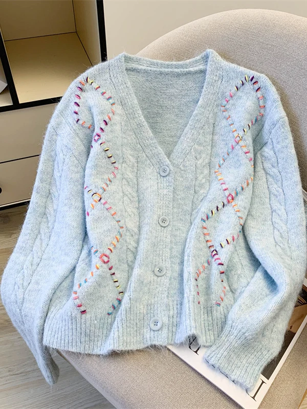 

Retro Geometric V-Ne Long Sve Knitted Open Cardigan Loose Fit Slimming Sweater Jaet for Women Autumn Winter Design