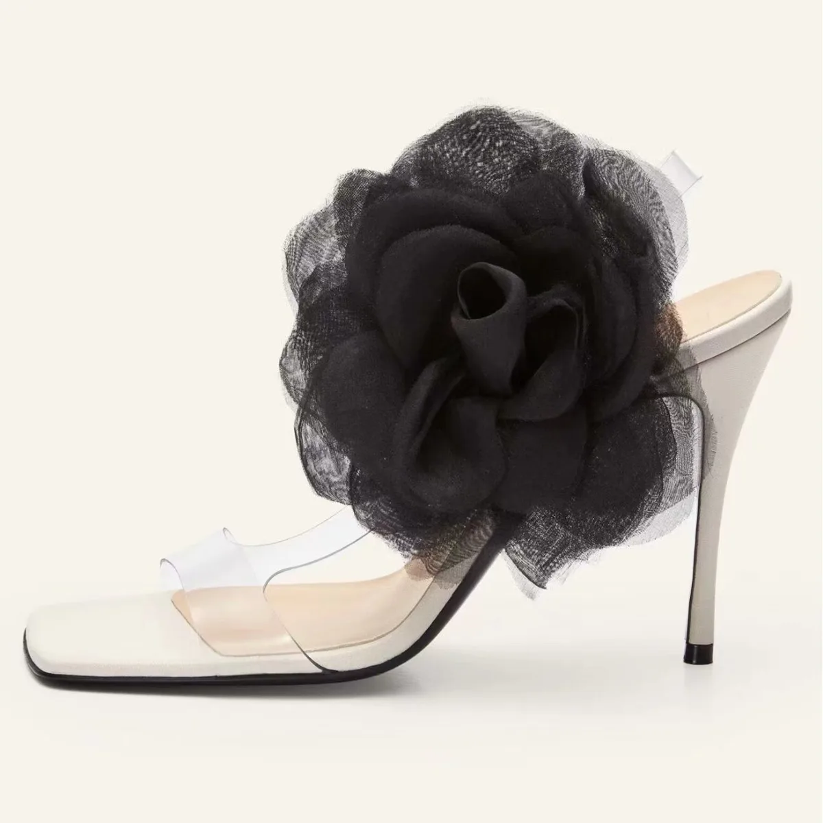

Lace Flower Stiletto Sandals Transparent PVC Square Open-Toed Slippers Banquet Catwalk High Heels Slip-On Women's Shoes
