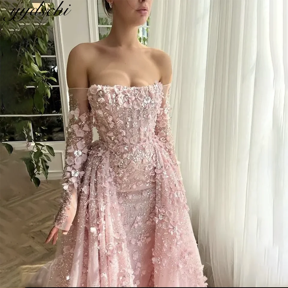 Customized Elegant Pink Appliques Flower Off The Shoulder Mermaid Sexy Gala Wedding Dresses 2024 Backless Tulle Bridal Gowns