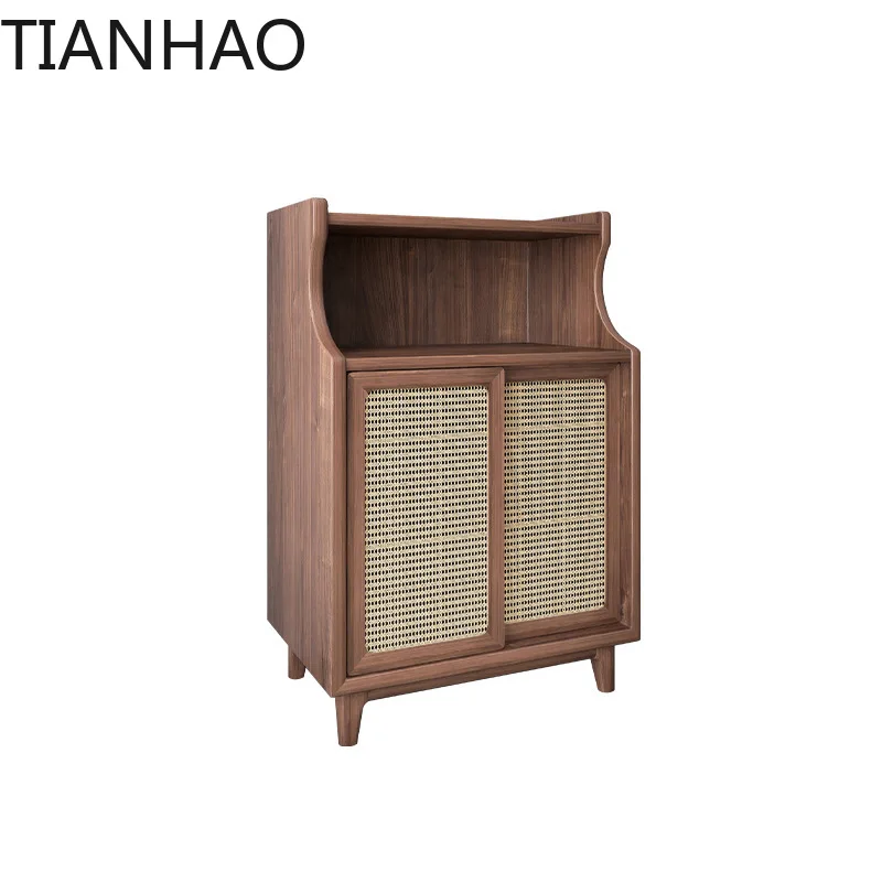 Solid wood dining side cabinet rattan locker small apartment living room wall