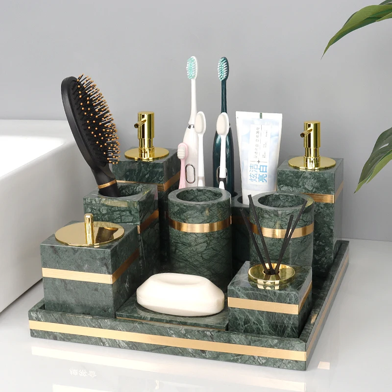 Indian Green Natural Marble Bathroom Set Luxury Gold Soap Dispenser Soap Dish Tissue Box Tray Bathroom Accessories