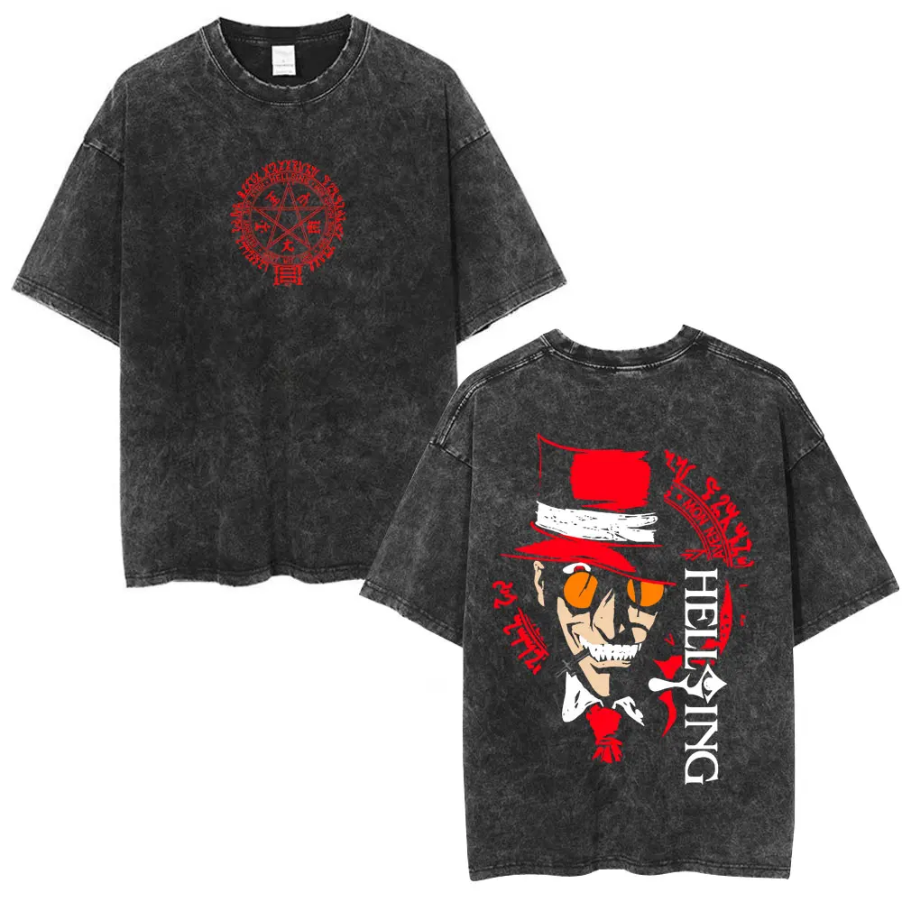Washed Vintage Anime Hellsing Abraham Van Helsing Vampire Alucard T-shirts Men's Clothing Oversized Cotton Short Sleeve T Shirts