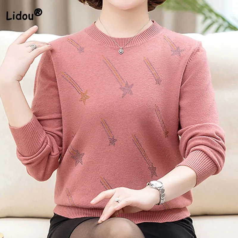 Autumn Winter Fashion Loose Round Neck Diamonds Sweaters For Female Solid Casual Long Sleeve Knitted Tops Women\'s Clothing