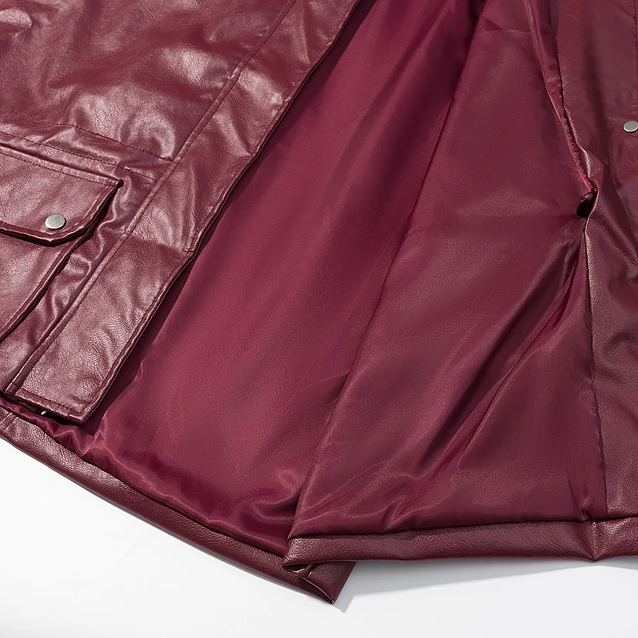 NEW2026 Giacca da donna alla moda con colletto alla coreana a maniche lunghe autunno Giacca a vento da strada in pelle casual Giacca in pelle rosso scuro