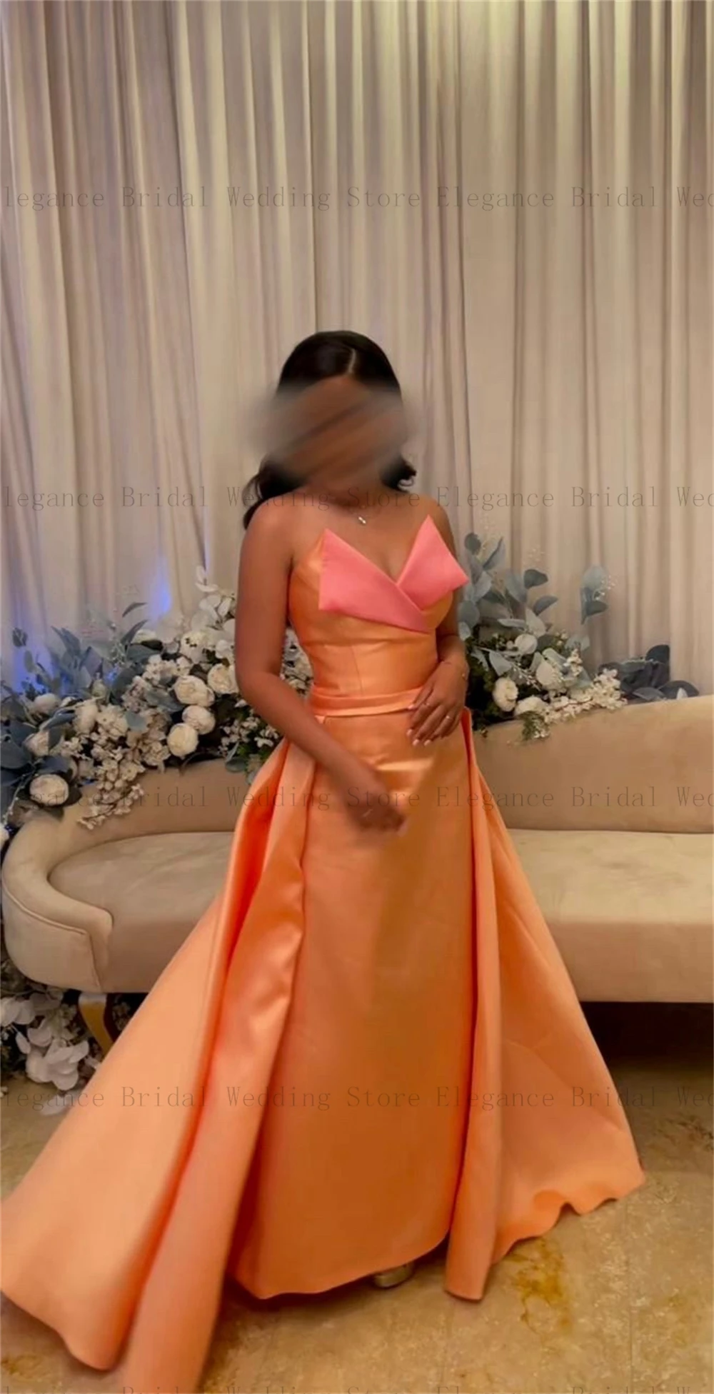 Vestido sexy laranja cetim feminino, vestido sem alças elegante para adolescentes, vestido formal de trem de escova, sereia