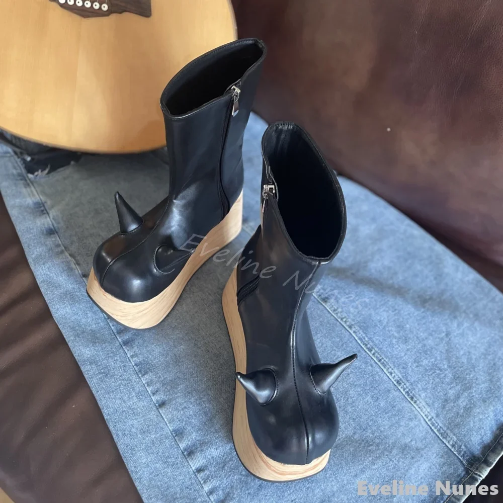 Wooden Wedges Mid Calf Boots Women Cow Horn Round Toe Leather Side Zipper High Top Novelty Catwalk Boots New Punk Modern Boots
