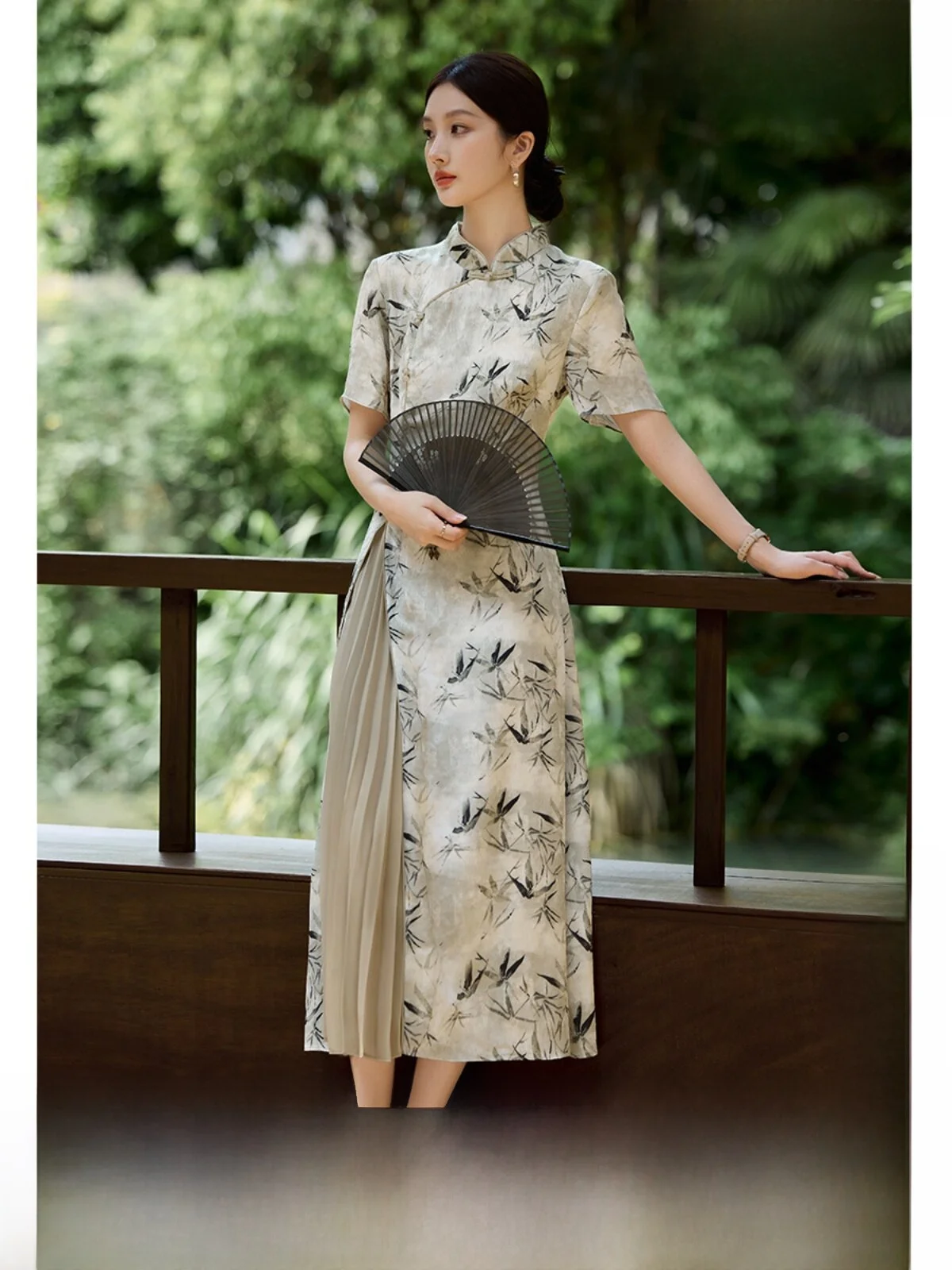 

XWI Chinese Style Printed Gradient Long Dress Women's Summer Button Design Improved Skirt Breathable Short Sleeve
