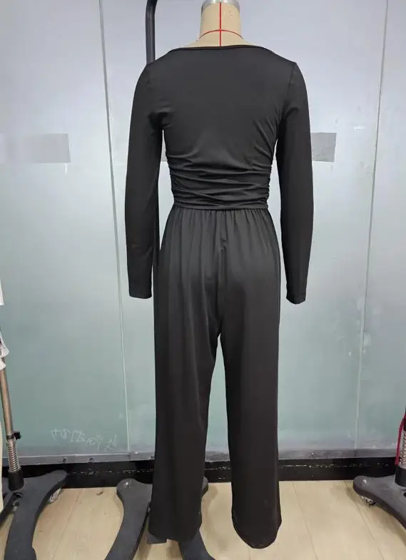 جمبسوت حريمي لخريف وشتاء 2025 جمبسوت أسود بأكمام طويلة جمبسوت بسيط غير رسمي برقبة مربعة أنيق بأرجل واسعة #6