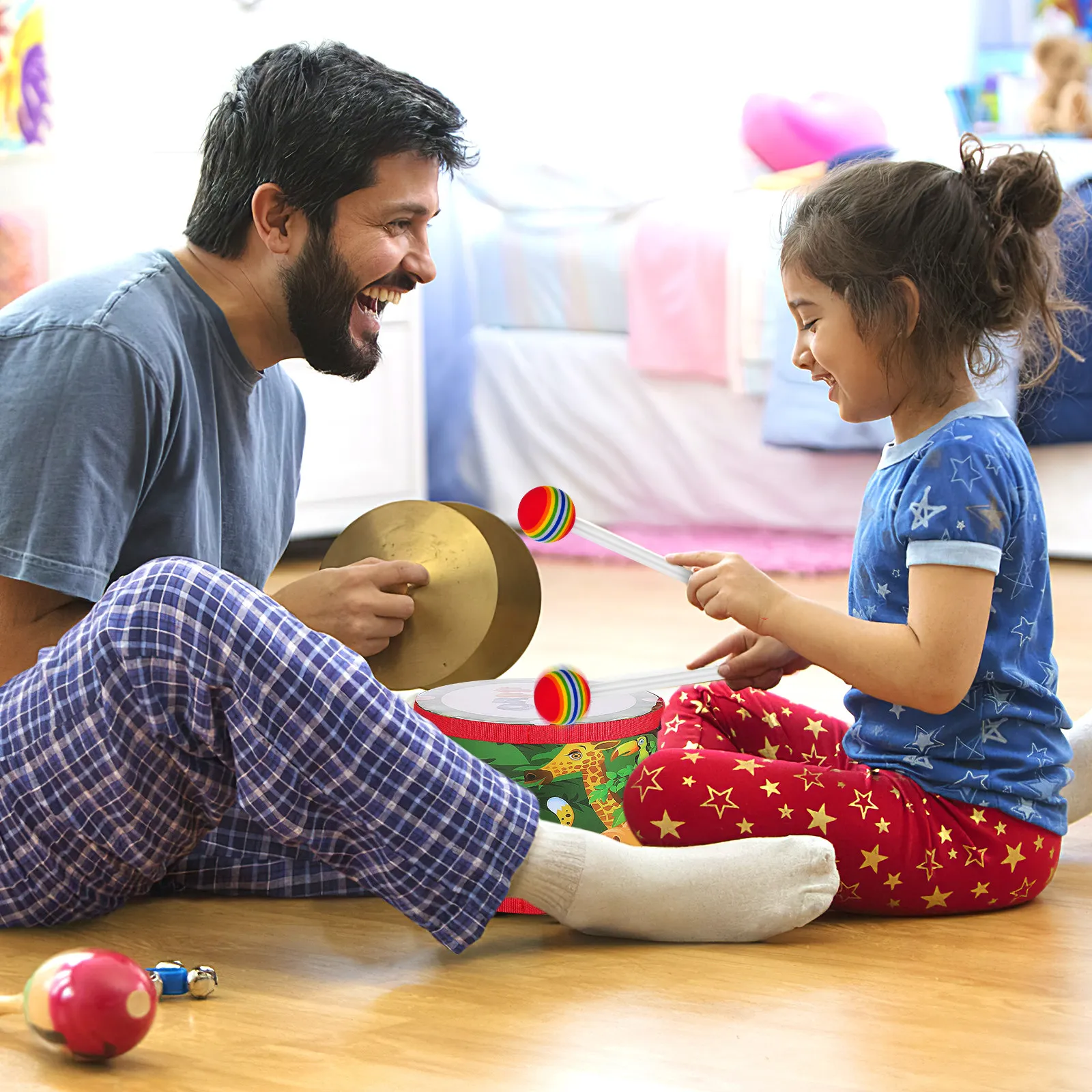 Juego de Batería Infantil Colorido con Diseño de Dibujos Animados de Doble Cara, Instrumento Musical Educativo para Niños Pequeños, Juego Interior y Exterior
