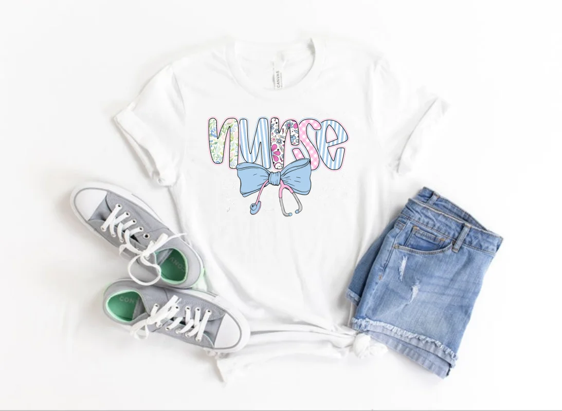 Nurse blue Stethoscope Graphic Print Festival Tshirt Women Cotton Lady Clothes Cute O Neck Colorful Short Sleeve Tees Drop Ship