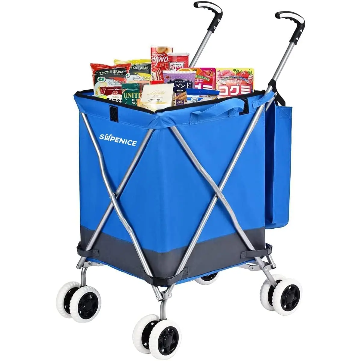 Folding Shopping Cart with Cover, Heavy-Duty Canvas Utility Cart with 360° Swivel Wheels, 120 Lbs Rolling Cart