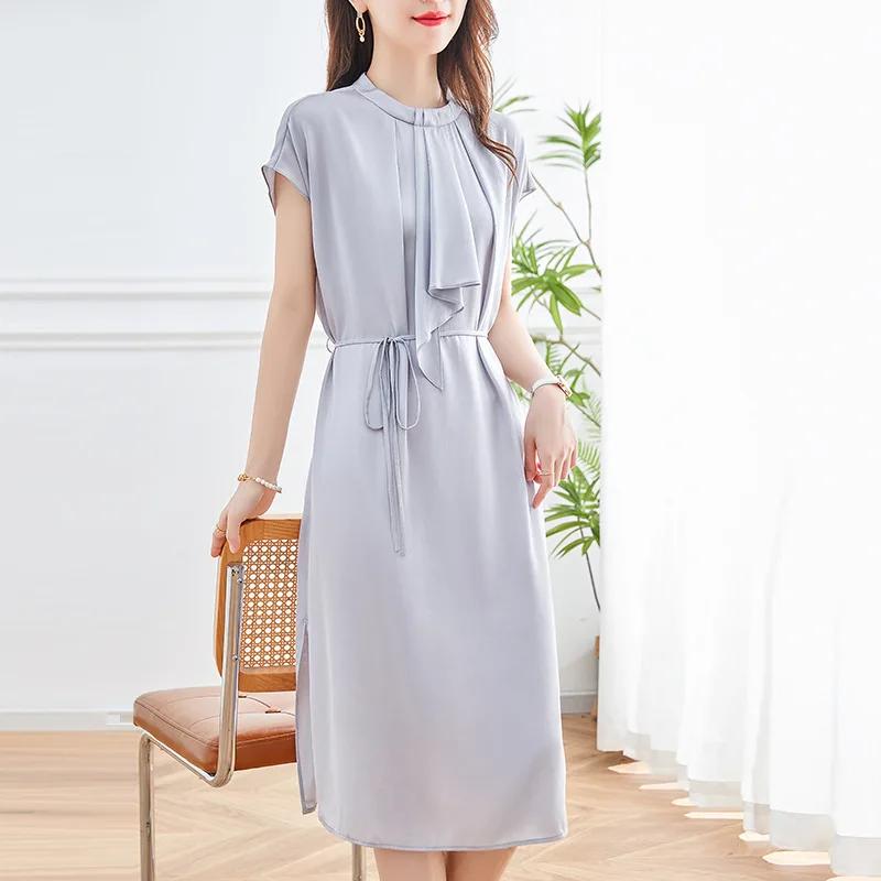 

19 Plain Silk Stretch Dress Women's 2024 Summer Design round Neck Silk Double Joe Midi Dress