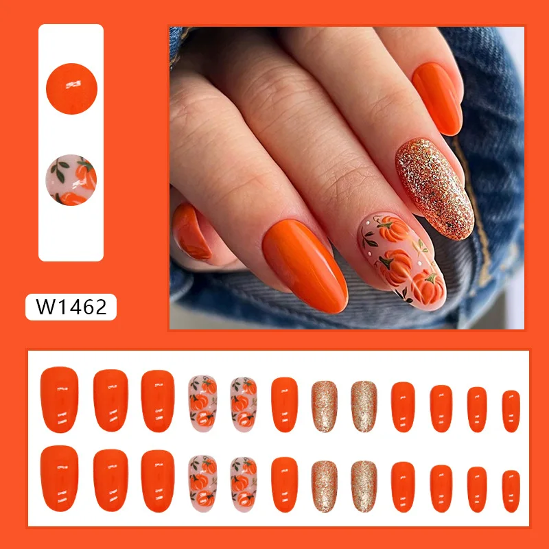 24 Pcs Medium Length Oval Press on Nails To Stick on Kawaii Cute Pumpkin Glitter Autumn Women'sacrylic Full Set Fake Nail Art