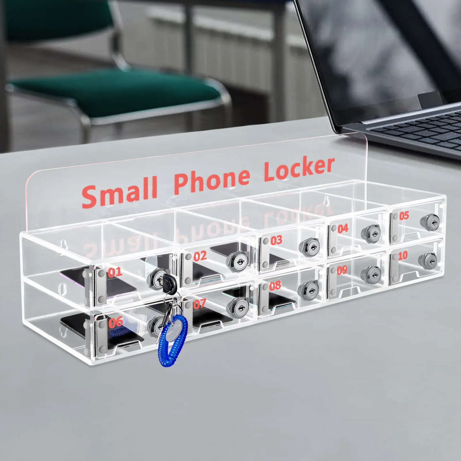 Clear 10 Slots Cell Phone Locker Box Cell Phone Storage Acrylic Cell Phone Lock Box with Door Locks 304 Stainless Steel Hinge