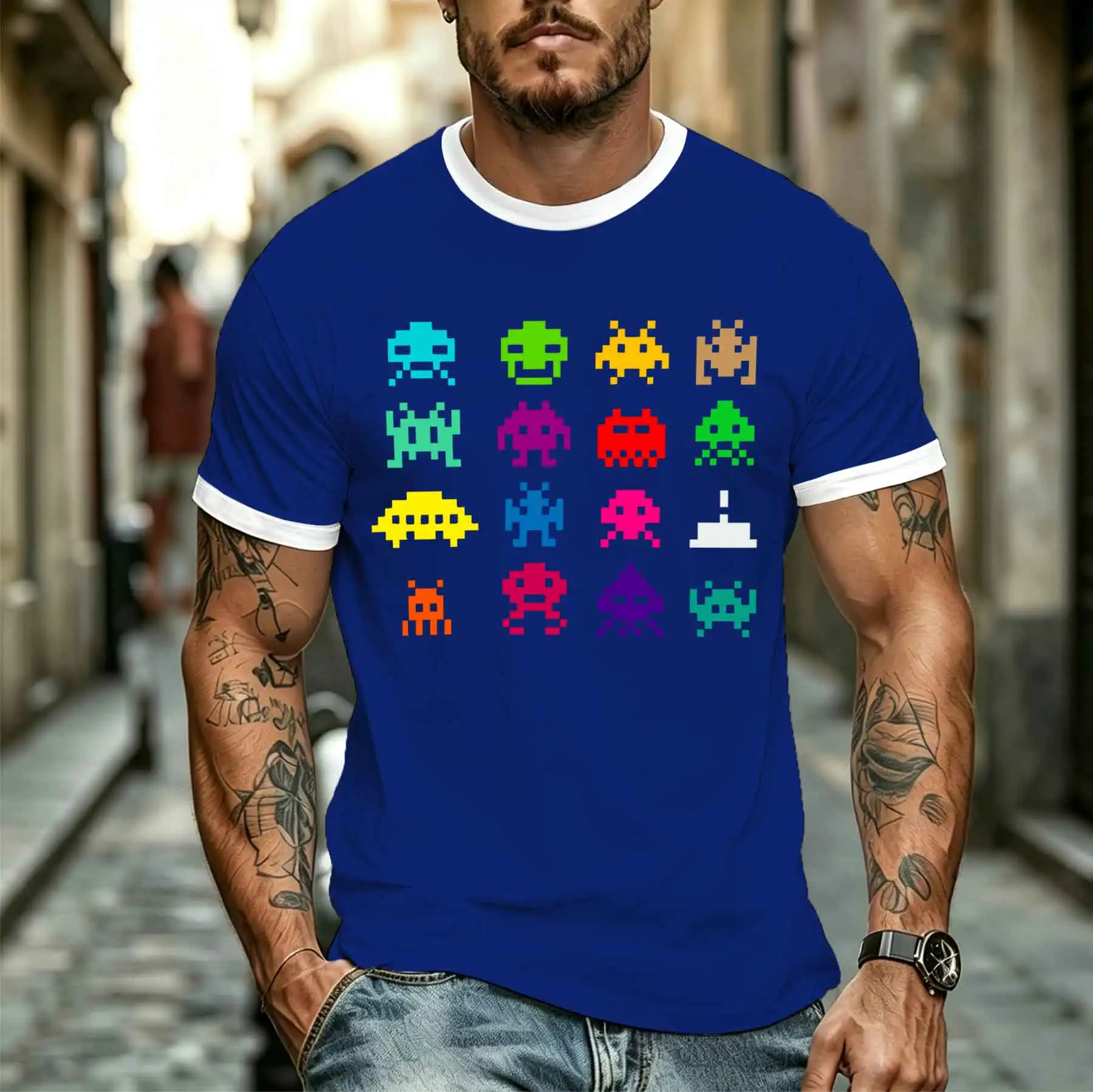 2026 new model Tee Stylish Comfortable Men's Retro Pixel Space Invaders T-Shirt Classic GameTrendy Casual Loose Top Tee for Dail