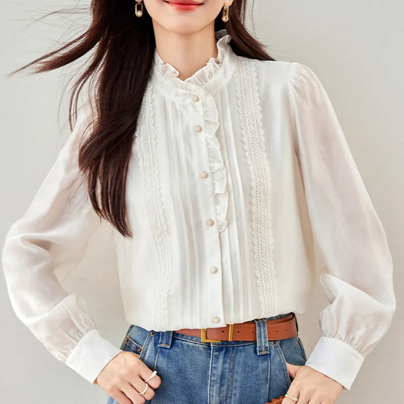 Nuevo otoño, camisa de manga larga con cuello levantado Para Mujer, Blusas de gasa empalmadas dulces, camisas Para Mujer, Blusas Para Mujer D174