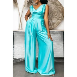 Plus Size Summer Fashion Women's Jumpsuit Casual Sleeveless Large Size Cyan Daily Satin High Neck Wide Leg Jumpsuit