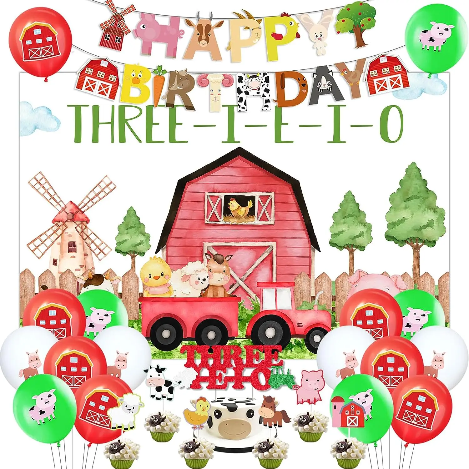 

Farm Animal 3rd Birthday Party Decorations Three I E I O Backdrop Cake Topper Animal Balloons for 3rd Kids Barnyard Farm Party