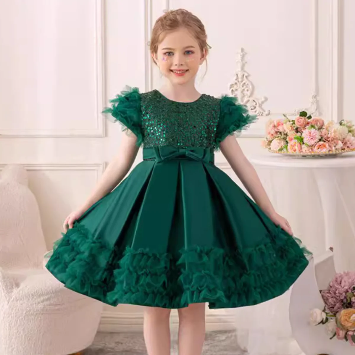 Girl Princess Dress Summer Sequined Mesh Butterfly Olive Green Girl Dresses Birthday Party Evening Gown Festive for Girl 2-10old