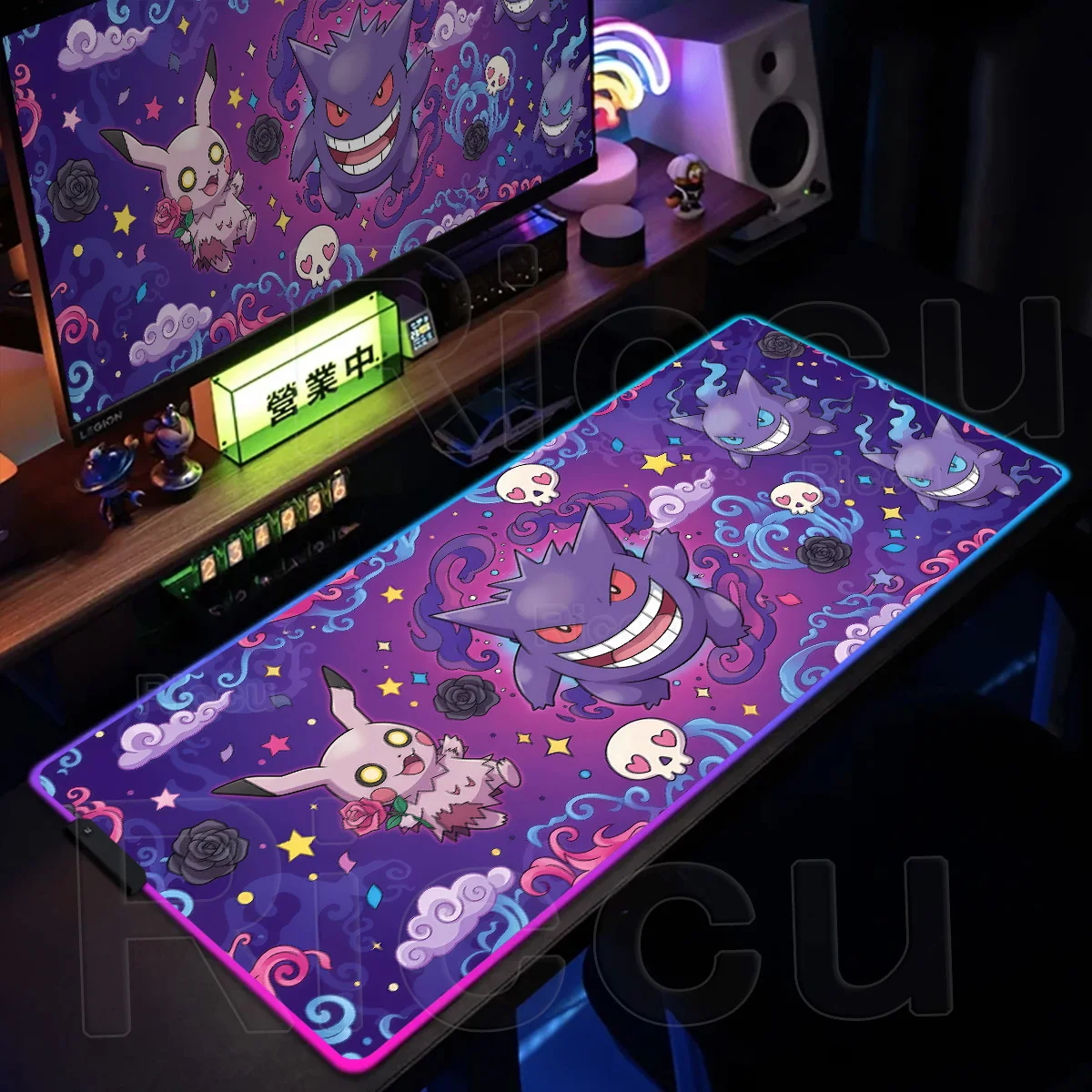 RGB Dark Gengar Pc Gamer Large PPokémon Mouse Pad XXL Non-slip Keyboard LED Glowing Carpet Rubber Gaming Computer Light TableMat